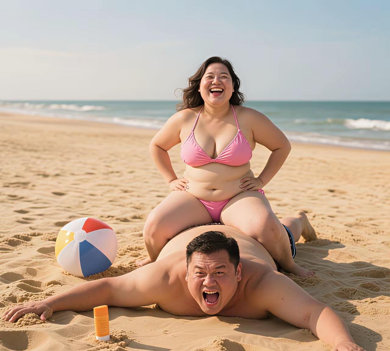 沙滩上的狂欢
阳光把沙滩烘成暖黄软垫
彩球在旁 见证这场胡闹
她骑上他的背 笑声