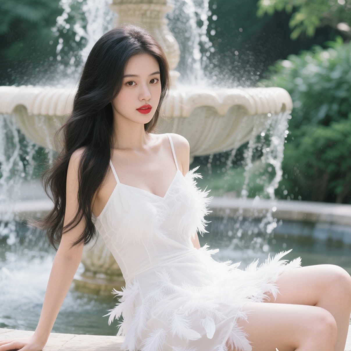 喷泉少女轻撩发，水雾朦胧似画中