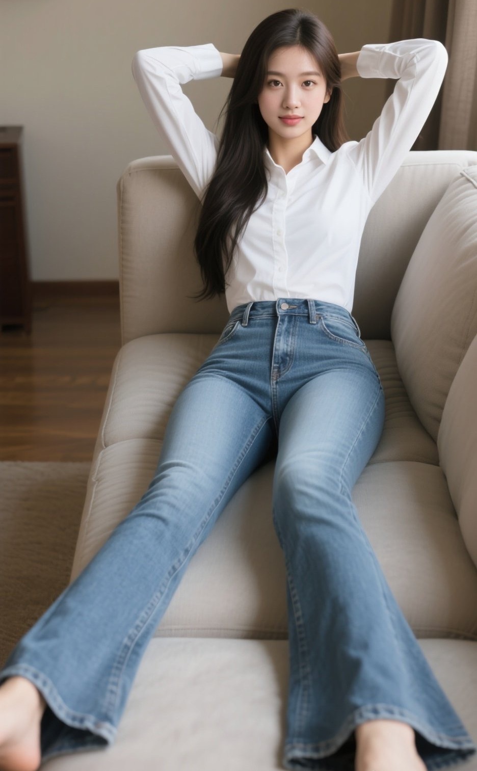 娇俏佳人横卧如画，修身牛仔尽显长腿