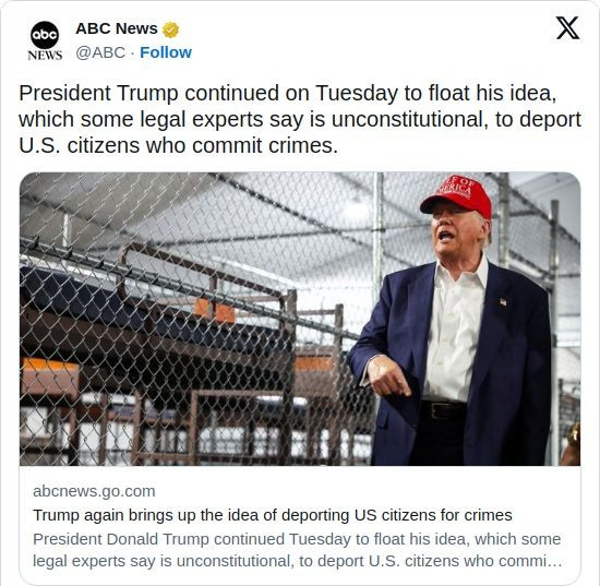 特朗普提议驱逐犯罪美国公民  











特朗普总统在周二再次提出了