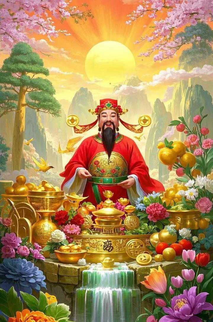 财神画道发财符，贴在粮仓粮满囤；
财神吹口气如虹，枯木逢春花万丛！
财神坐在太师