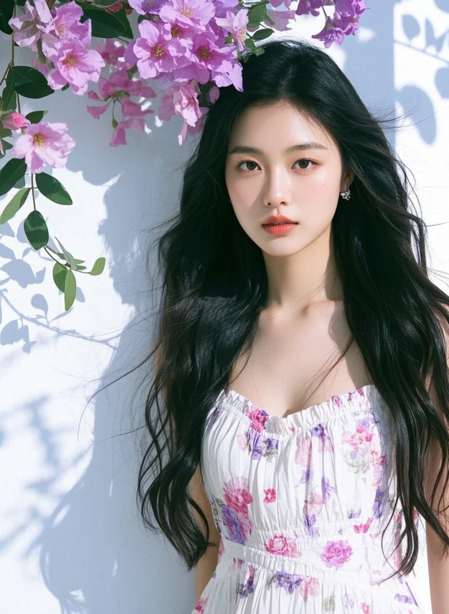 阳光洒在花墙上，少女的身影被镀上一层新时光。