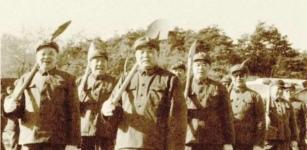 上世纪八十年代初，一群开国将军气势如虹参见'植树活动的照片，分别是：沈阳军区司令