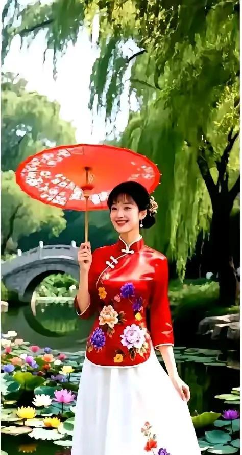 女比貂蝉美，伞仙红衣艳，心人欲眼穿。当今美女众，千枝拥一枝。赏心以悦目，愉悦心情