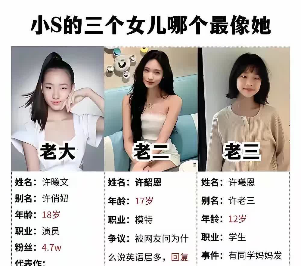 小s和许雅钧结婚19年，只生了3个女儿，大女儿许曦文，目前在美国留学，大s最疼她