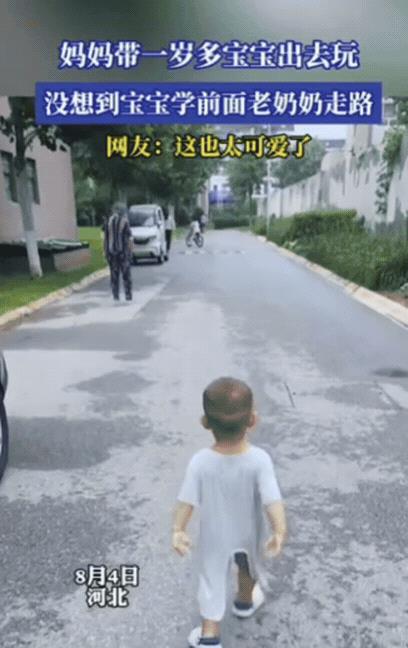 “笑不活了！”河北，妈妈带1岁多宝宝出去玩，没想到，宝宝看见前面老奶奶走路不利索