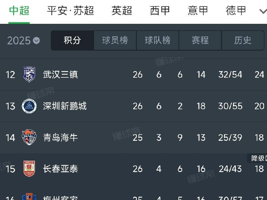 中超还有四轮，保级形势很微妙。深圳新鹏城，青岛海牛，长春亚泰，梅州客家四队将面临