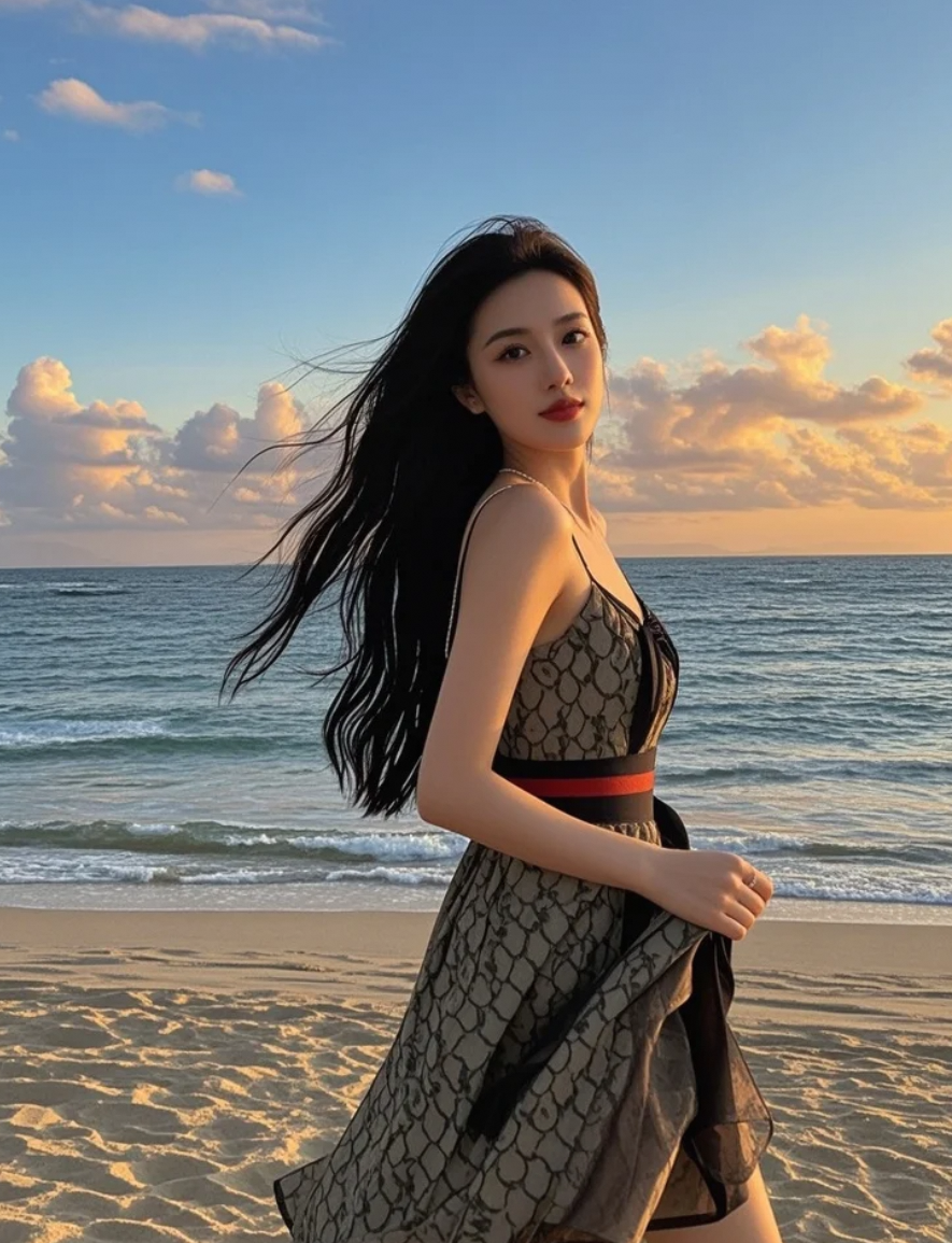 精致妆容搭配自然海风，刚柔并济的和谐美