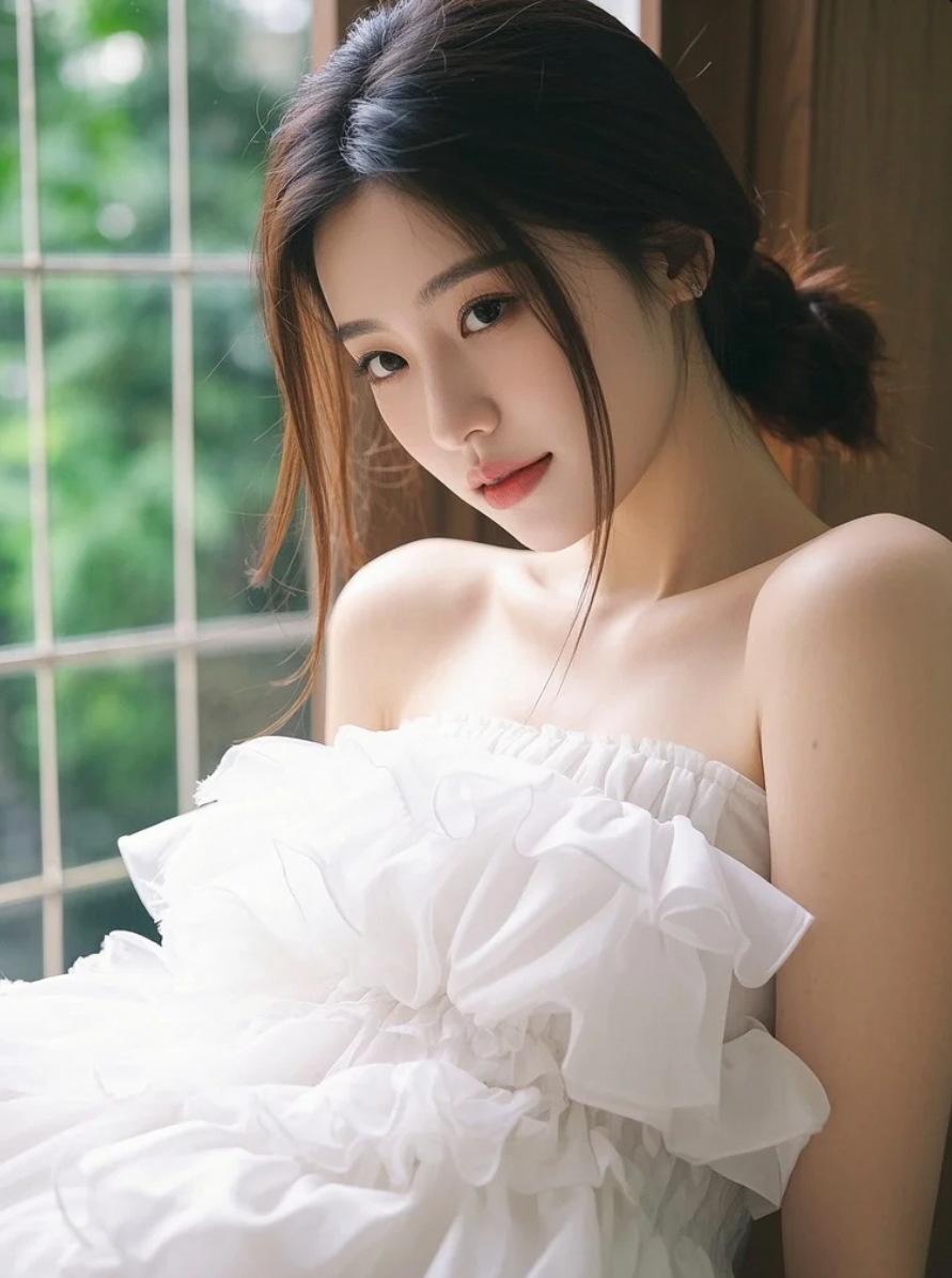 穿一袭白裙站在光里，像从童话里走出来的女主角。