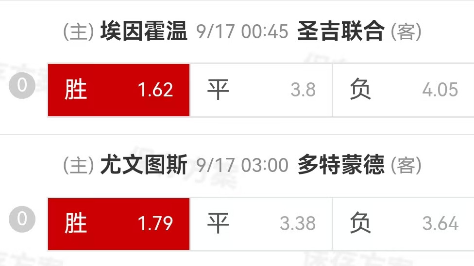 9.16周二精选比赛：PSV埃因霍温VS圣吉尔联合+尤文图斯VS多特蒙德