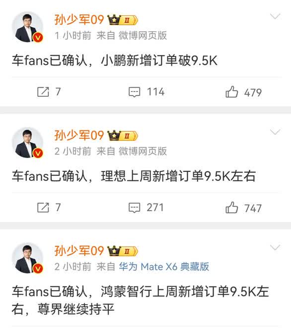 6.16-6.22号新势力汽车新增订单：零跑1.3万辆，鸿蒙智行、理想、小鹏都未