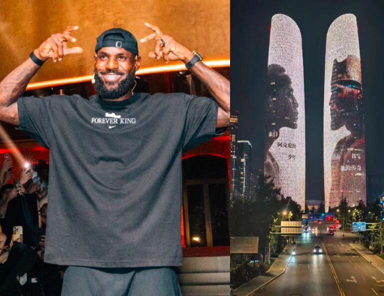NBA巨星詹姆斯再次来到成都，双子塔为其点亮巨幅海报，引发球迷热潮。
詹姆斯的中