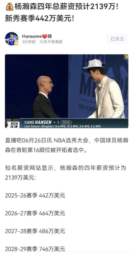 NBA选秀大会，中国球员杨瀚森在首轮第16顺位被开拓者选中。知名薪资网站显示，杨