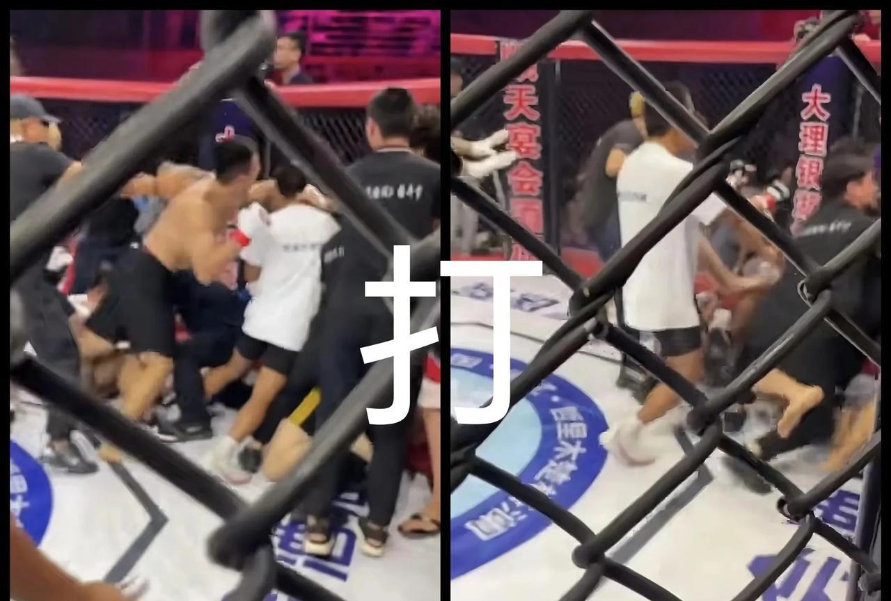 中国选手都拍手认输了，伊朗选手竟恶意补拳，结果一群人上去揍他，吓得他躲在笼边抱头