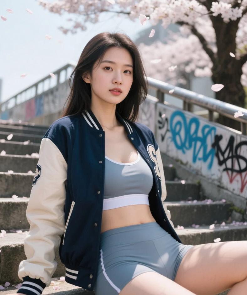 逆光勾勒棒球夹克边，街头美女的轮廓诗