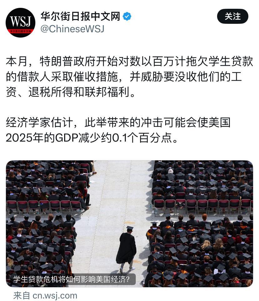 华尔街日报27日报道：“本月，特朗普政府开始对数以百万计拖欠学生贷款的借款人采取