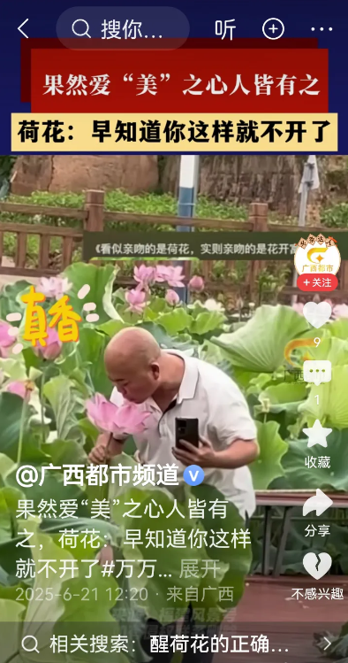 哈哈哈！
过分了啊！
网友们太过分了！

一名头发有些秃的男子拍荷花的时候，忍不
