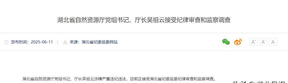 【湖北省自然资源厅党组书记、厅长吴祖云接受纪律审查和监察调查】湖北省自然资源厅党