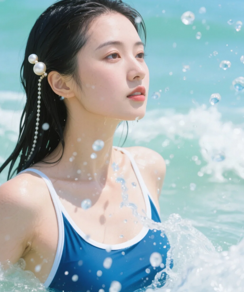 海天之间，定格她与浪花共舞的优雅瞬间