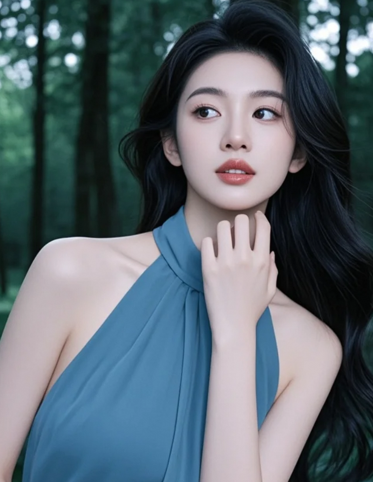 她站在绿意森林中，眼中藏着一抹忧伤，你能读懂吗？
