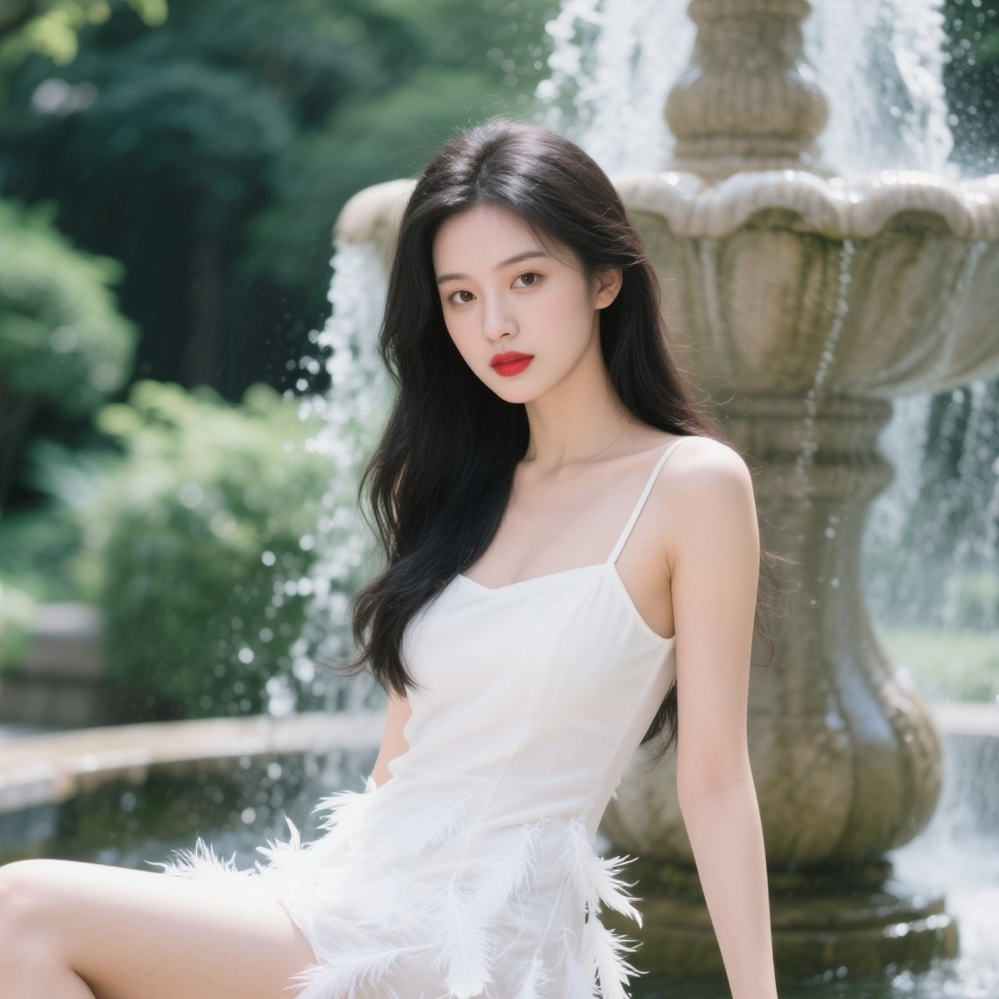 喷泉少女清新可人瞬间喷水池写真