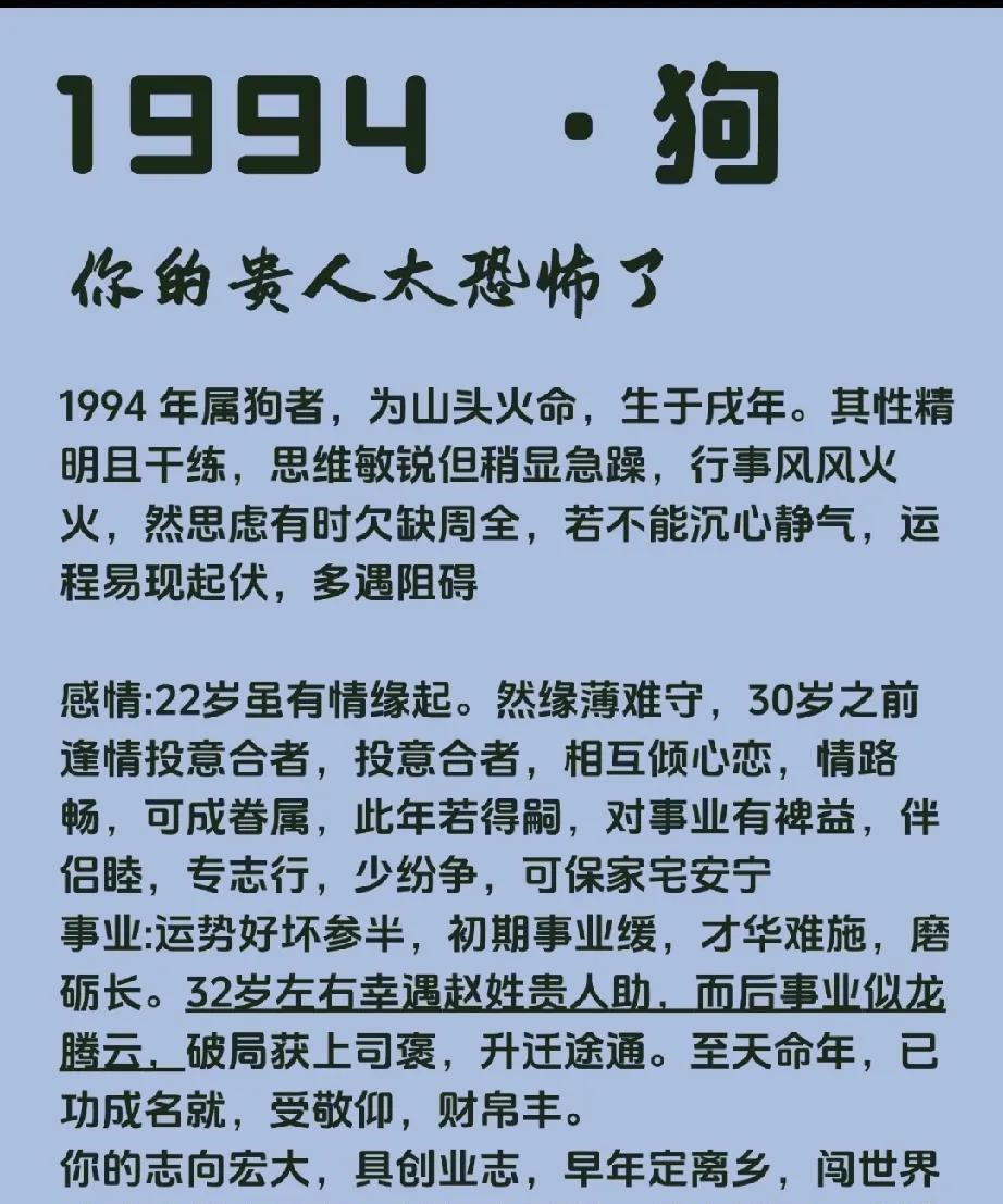 在遥远的1994年，属于狗年出生的人们，拥有山头火命，他们诞生于戌年。他们性格精