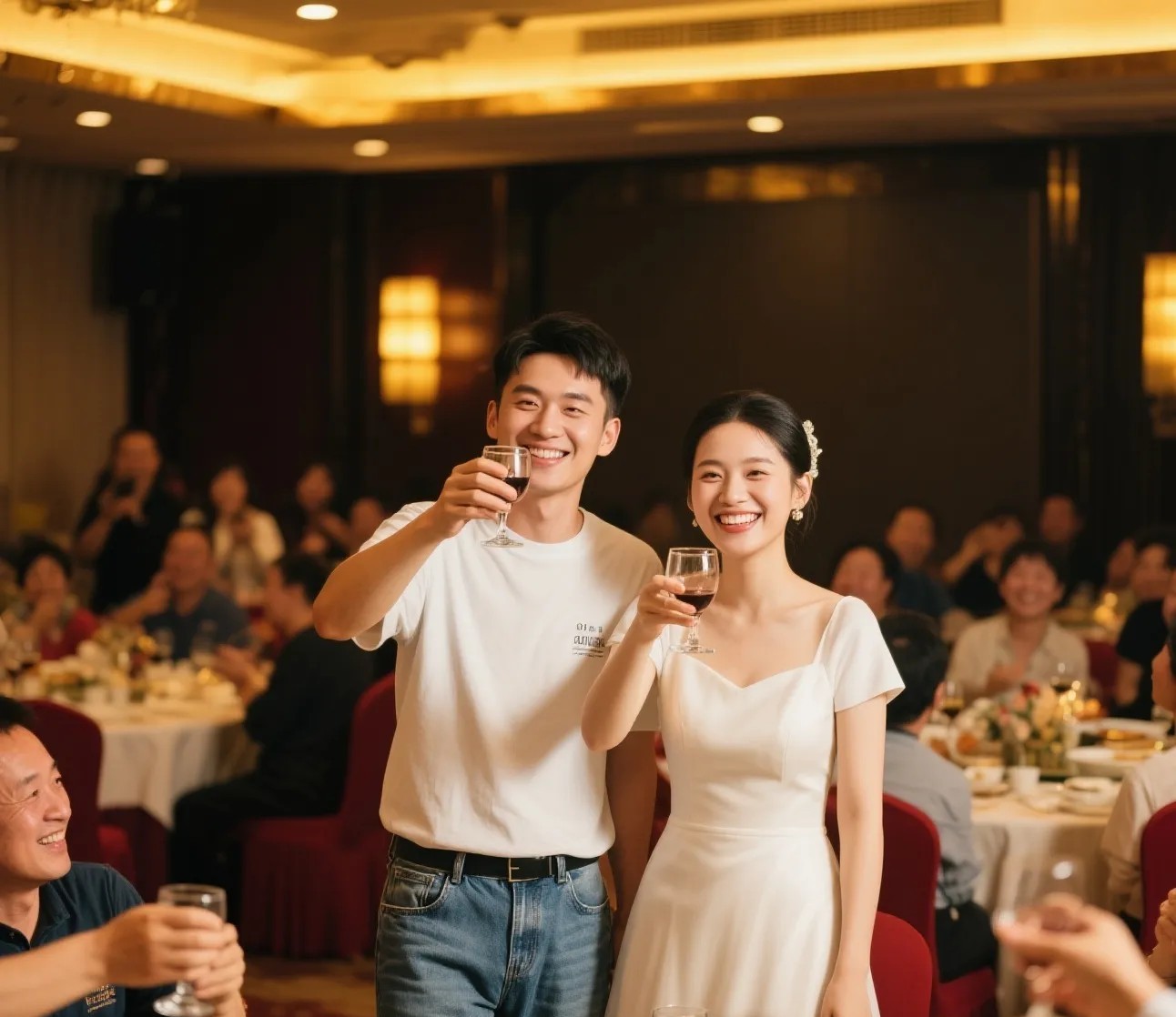 前两天参加亲戚婚礼，直接惊掉下巴——新郎穿T恤牛仔裤，新娘穿白裙子，没舞台没接亲