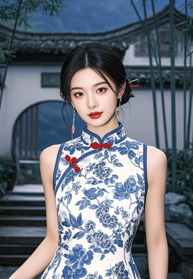 肌肤胜雪，眸光如星，这身蓝色旗袍把她穿成了“行走的东方美学”