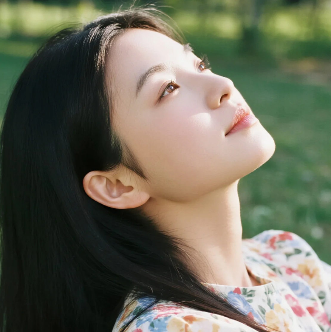 慵懒少女坐草地，碎花裙映柔光如梦