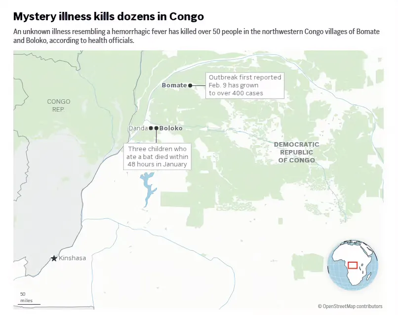 刚果（金）西北部出现不明疾病，导致 50 多人在患病 48 小时内即死亡。症状（