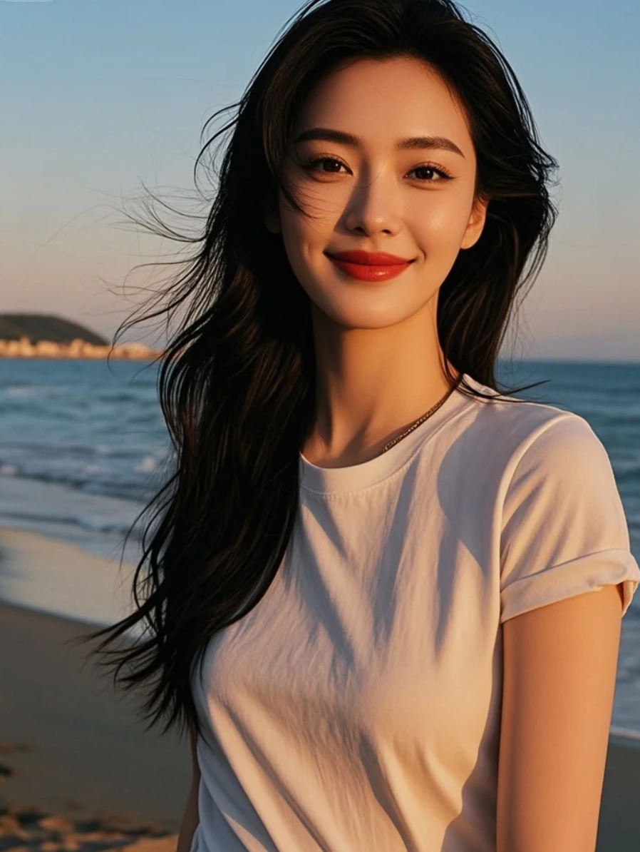 夕阳西沉，她的明艳妆容与霞光交相辉映