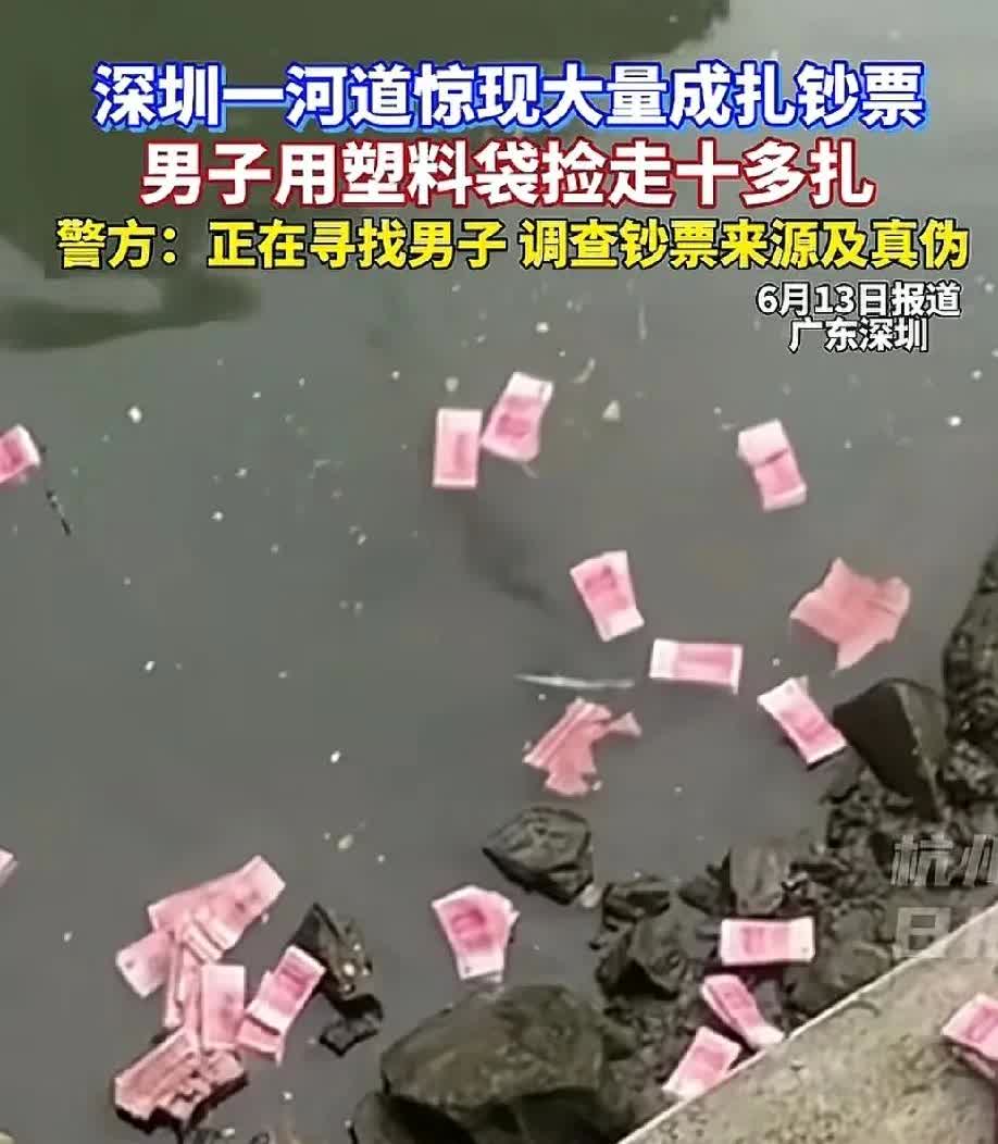 深圳的一条河道里，突然惊现大量现金。这些现金有的是散开的，有的则成捆摆放着。随后