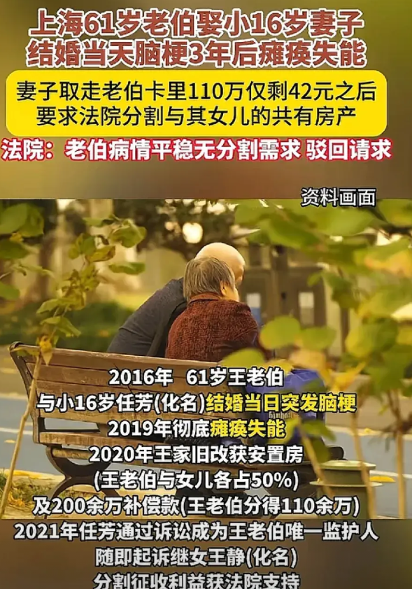上海61岁的王大爷，在二婚当日突发脑梗，三年后完全失能，二婚妻子任芳便将王大爷送
