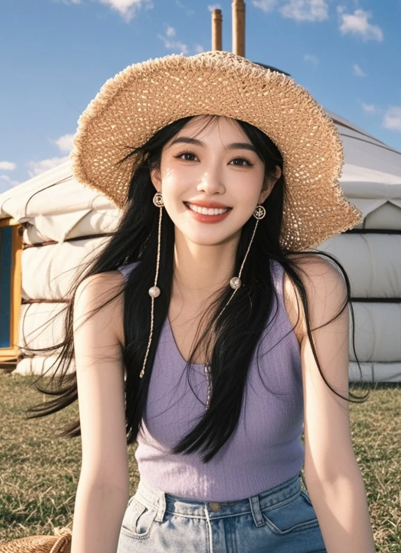 阳光下的草原女神迎风而立，美得惊心动魄
