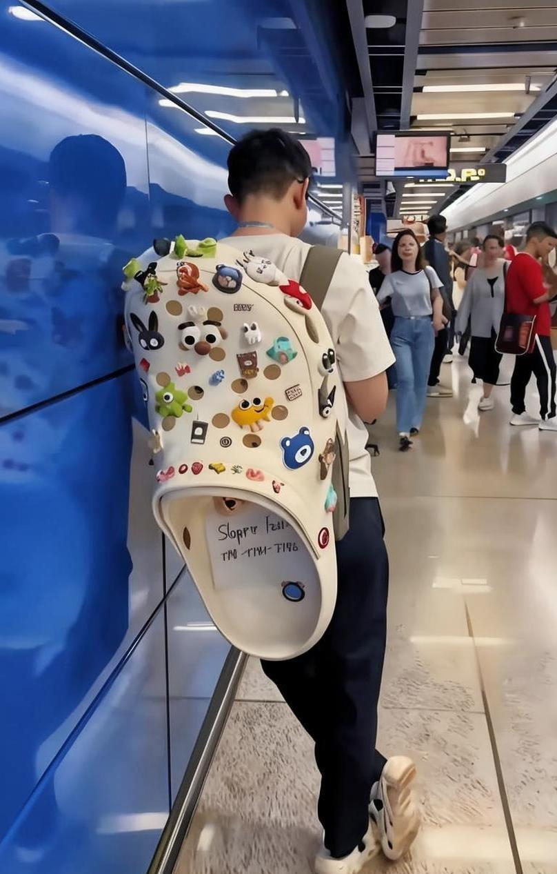 在地铁站里，这个小男孩背的是一双鞋吗？