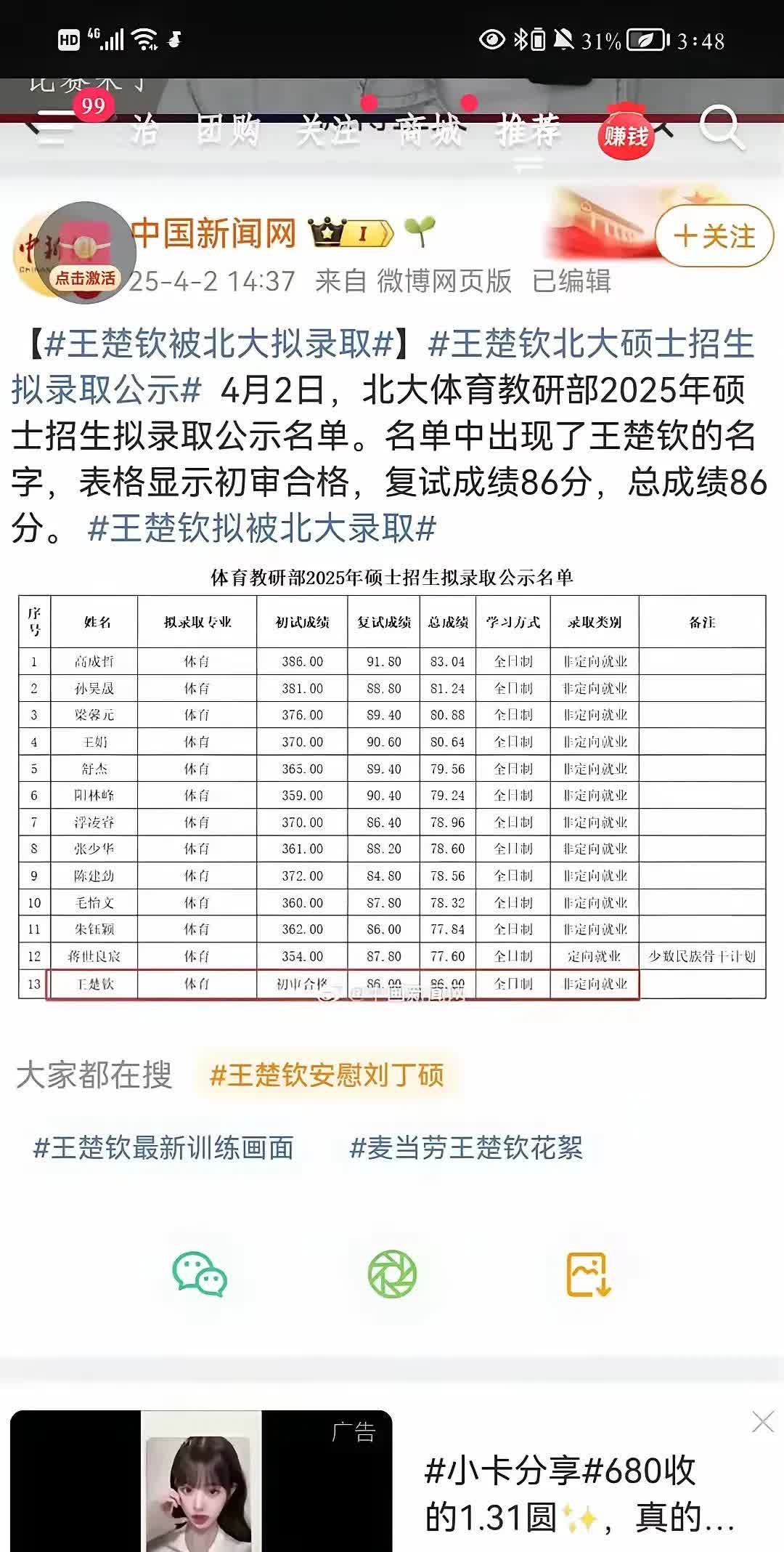 刚刷到中国新闻网发布的王楚钦被北大硕士拟录取的新闻
瞬间冲上热榜第一了
86