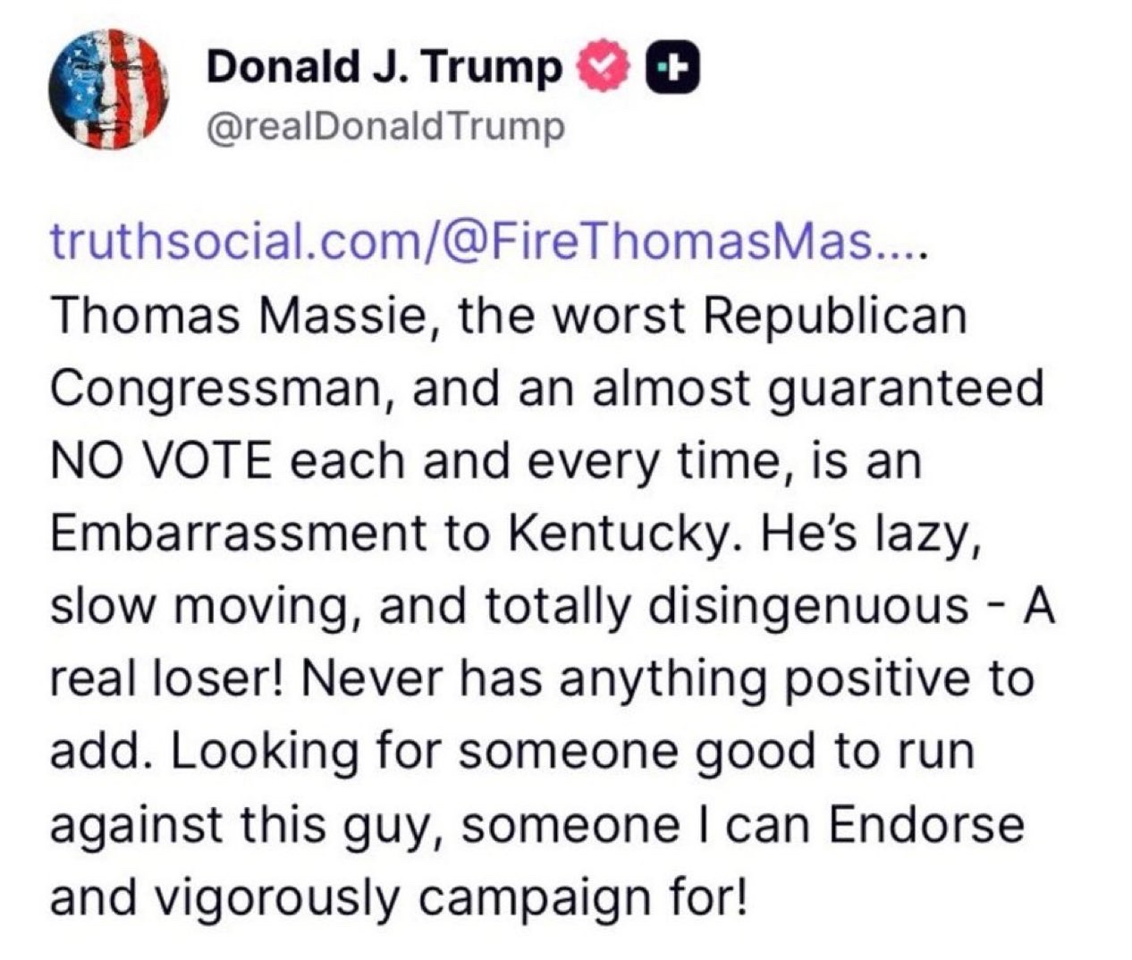 特朗普最近又在发帖批评，这次是针对肯塔基州的共和党众议员托马斯·马西。



马