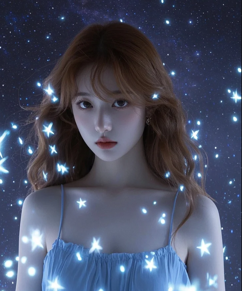 她站在星空之下，像是从画卷中走出的仙子。