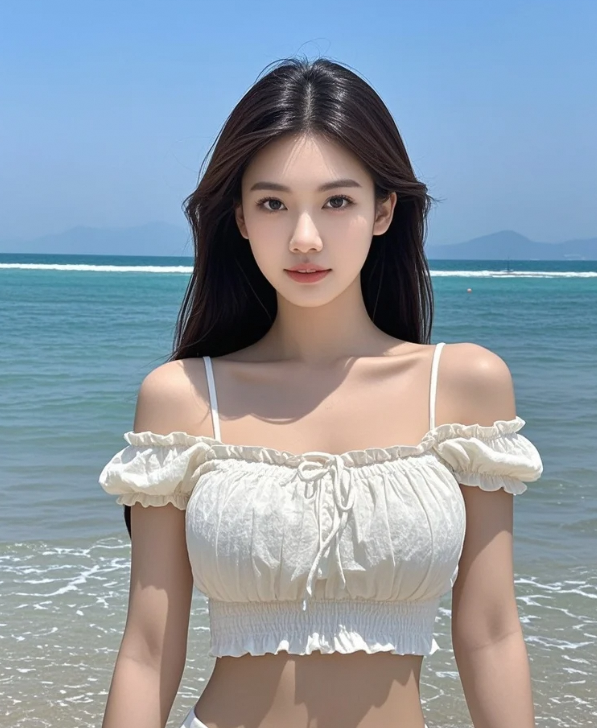 当夕阳把海浪染成蜜糖色，她的颜值成了最温柔的滤镜