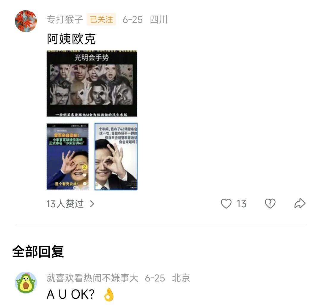 老辣发现一个专业水军，在用光明会的阴谋论，去搞雷军的成名之作“are you o