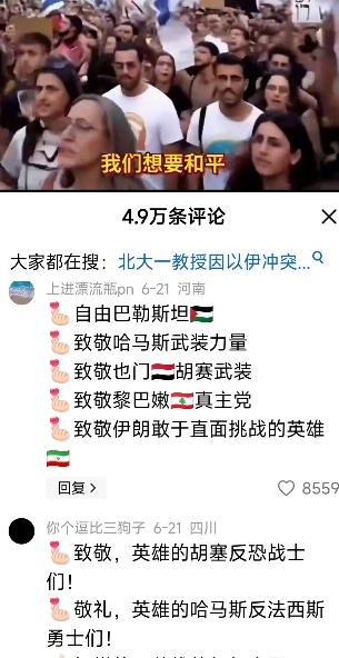 以色列民众高呼口号，“我们不要战争，我们要和平，伊朗，我们道歉。”
      