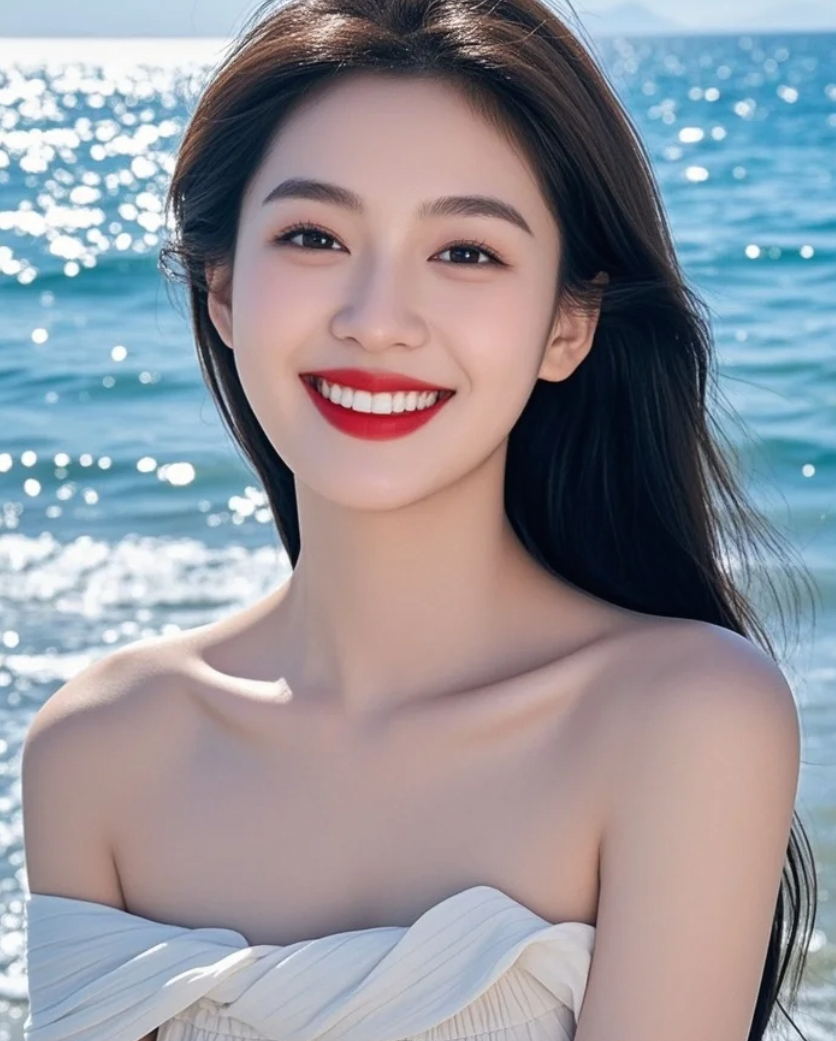 中长发如光垂落，樱桃小嘴微启，海蓝背景衬出她的高贵与秀气！