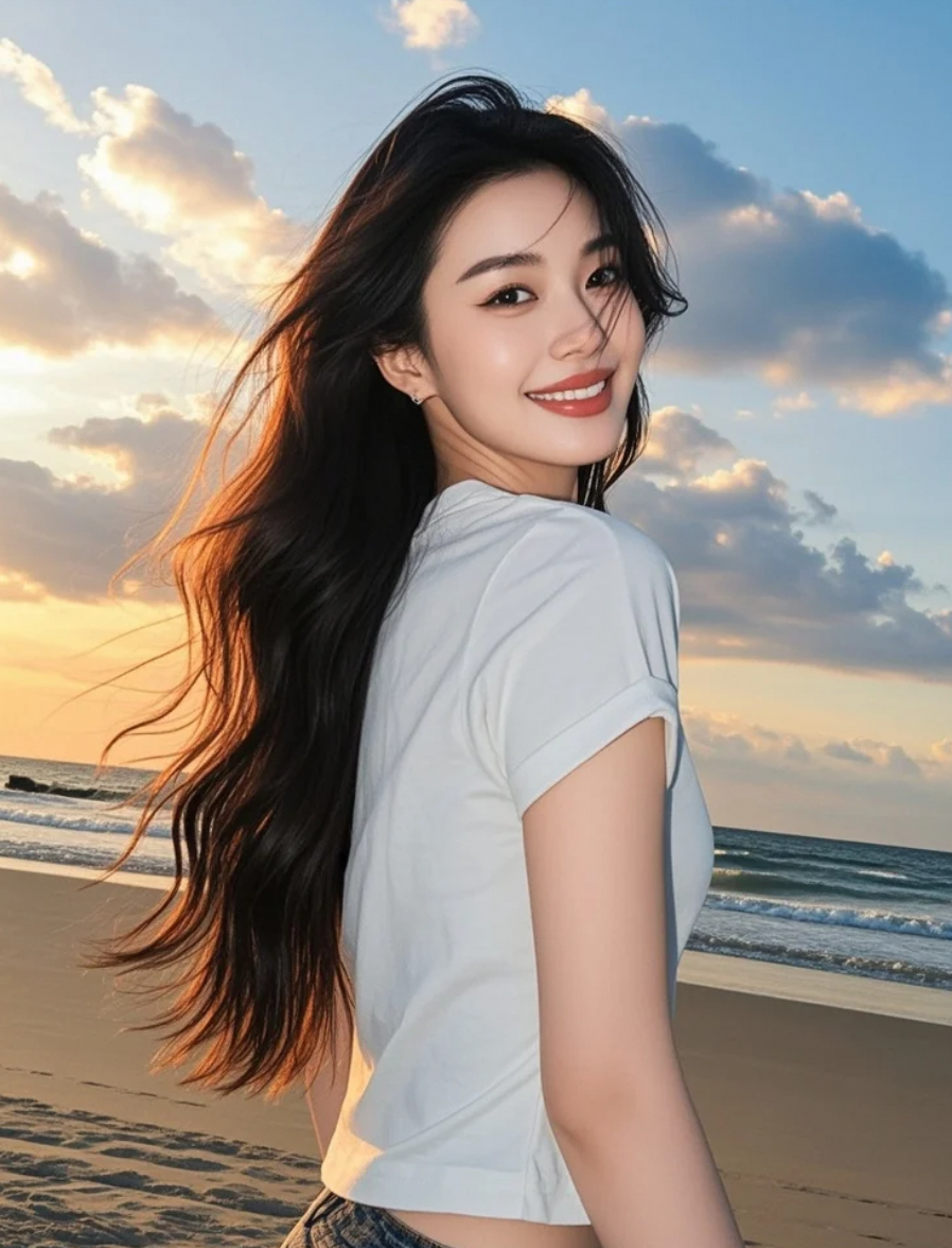 海风掀起她的棒球帽，长发趁机挣脱束缚漫天飞舞