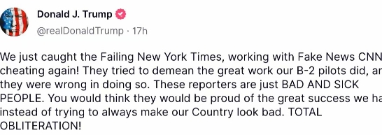 CNN爆料美国政府在轰炸伊朗核设施之前通过秘密渠道通知伊朗政府。川普目前大发雷霆