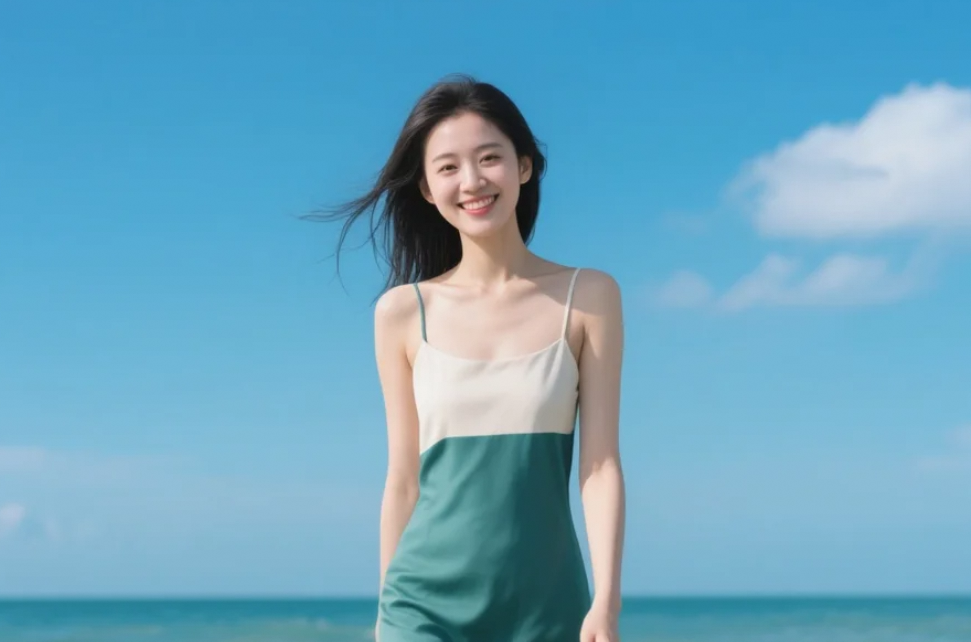 海风吹过，带走了所有的烦恼，只剩下我和这条美丽的连衣裙。