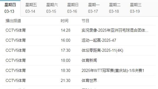 3月13日央视五套CCTV5 CCTV5+节目表附：彩绝铁人喊累与精杀之夜