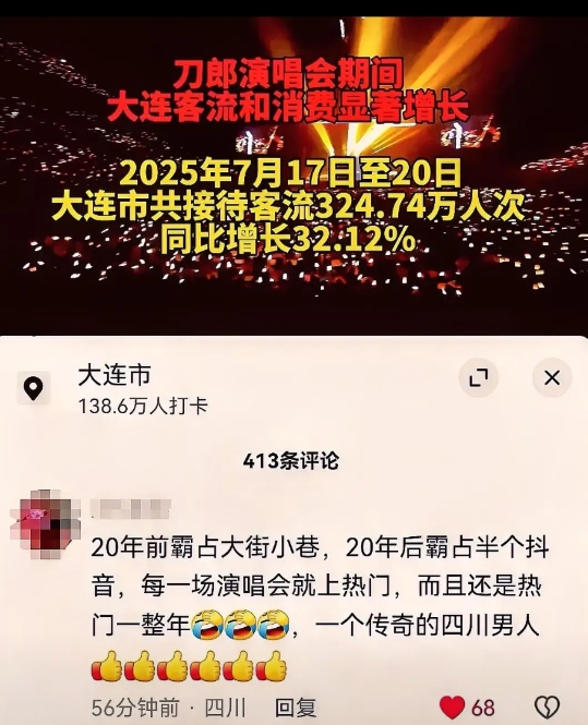 刀郎大连演唱会已结束一天，目前大连文旅官方统计数据出来了，而图中就是大连文旅在抖