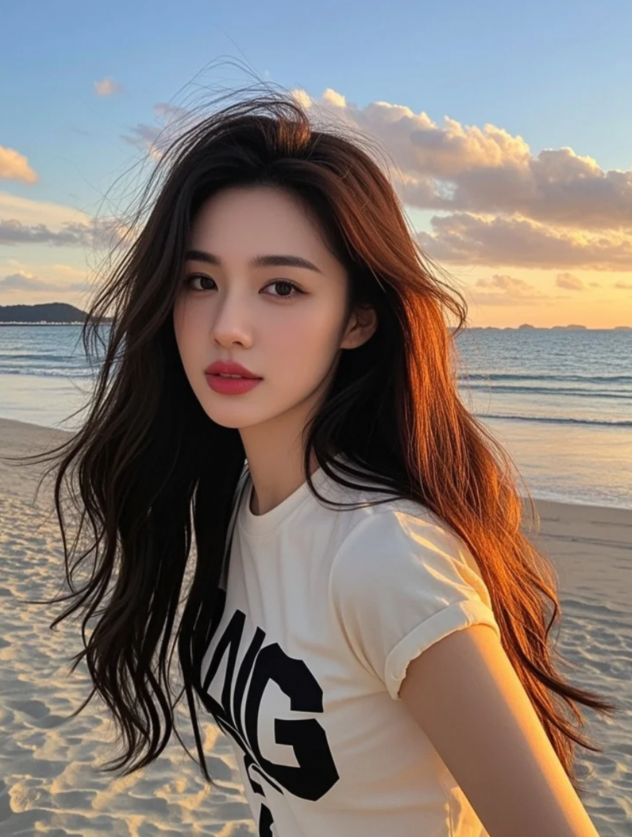 她的身影融入金色海岸，发丝飞扬，明艳妆容尽显阳光活力的巨星本色