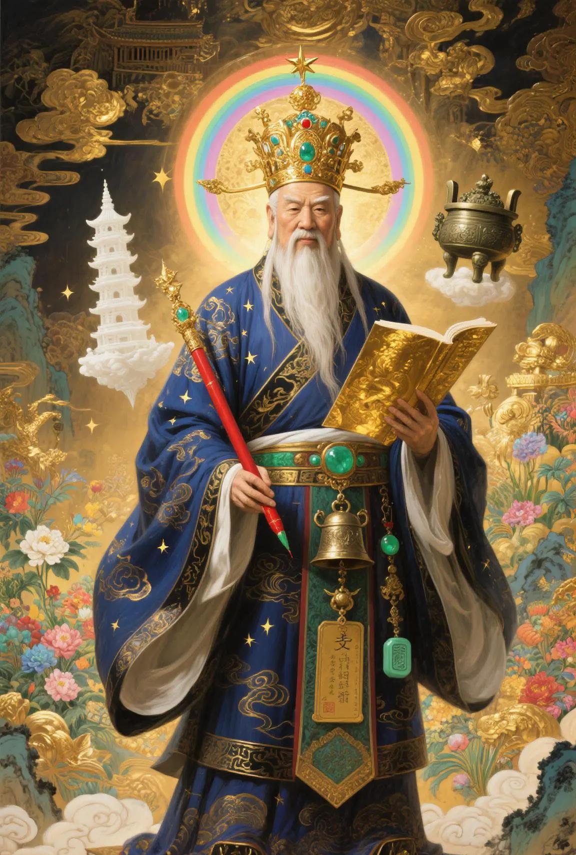 文昌帝君执玉章，朱砂点额启慧光。  魁星踢斗青云荡，紫气东来文运昌。  
砚池翻