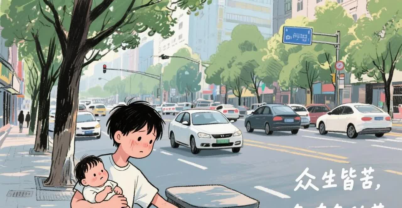 一个十几岁的男孩子，
一只手抱着一个小宝宝，
另一只手在垃圾桶里扒拉。
他